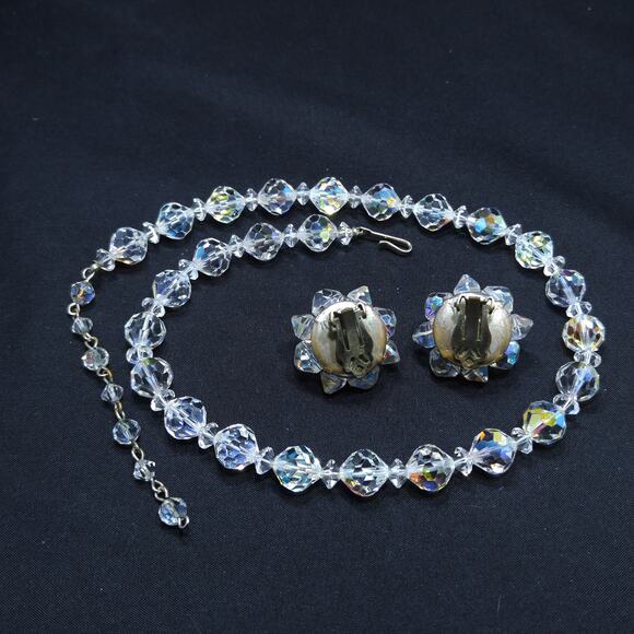 Vintage AB Crystal Beaded Necklace & Clip Earring Set - Picture 8 of 10